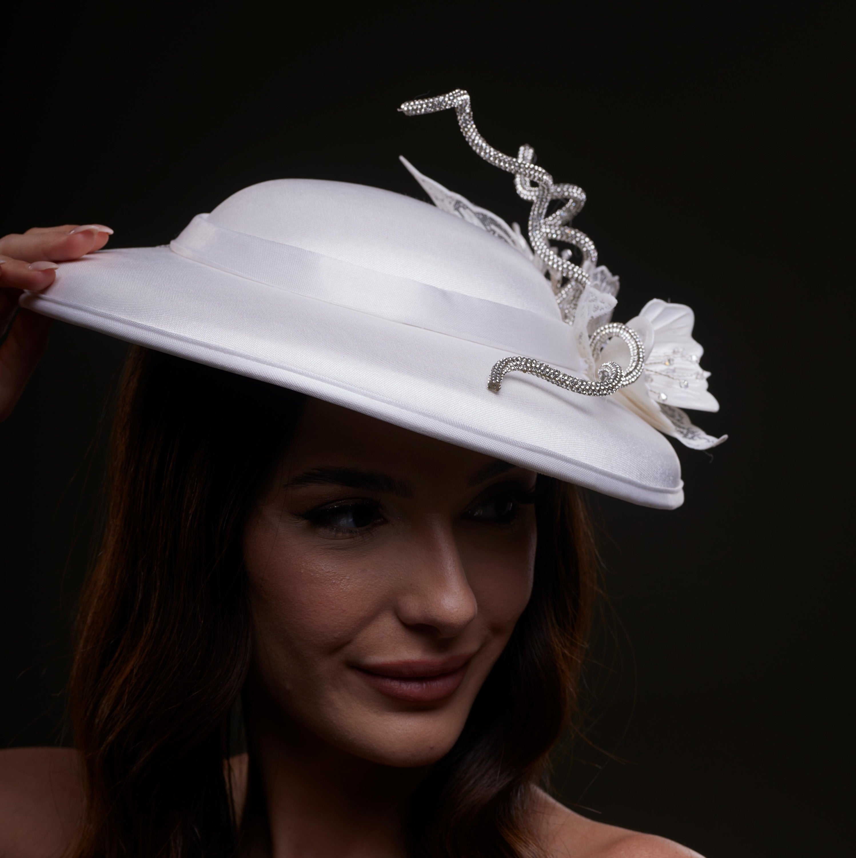 White Satin Hat with Rhinestone Vines and Tropical Flower Appliqués