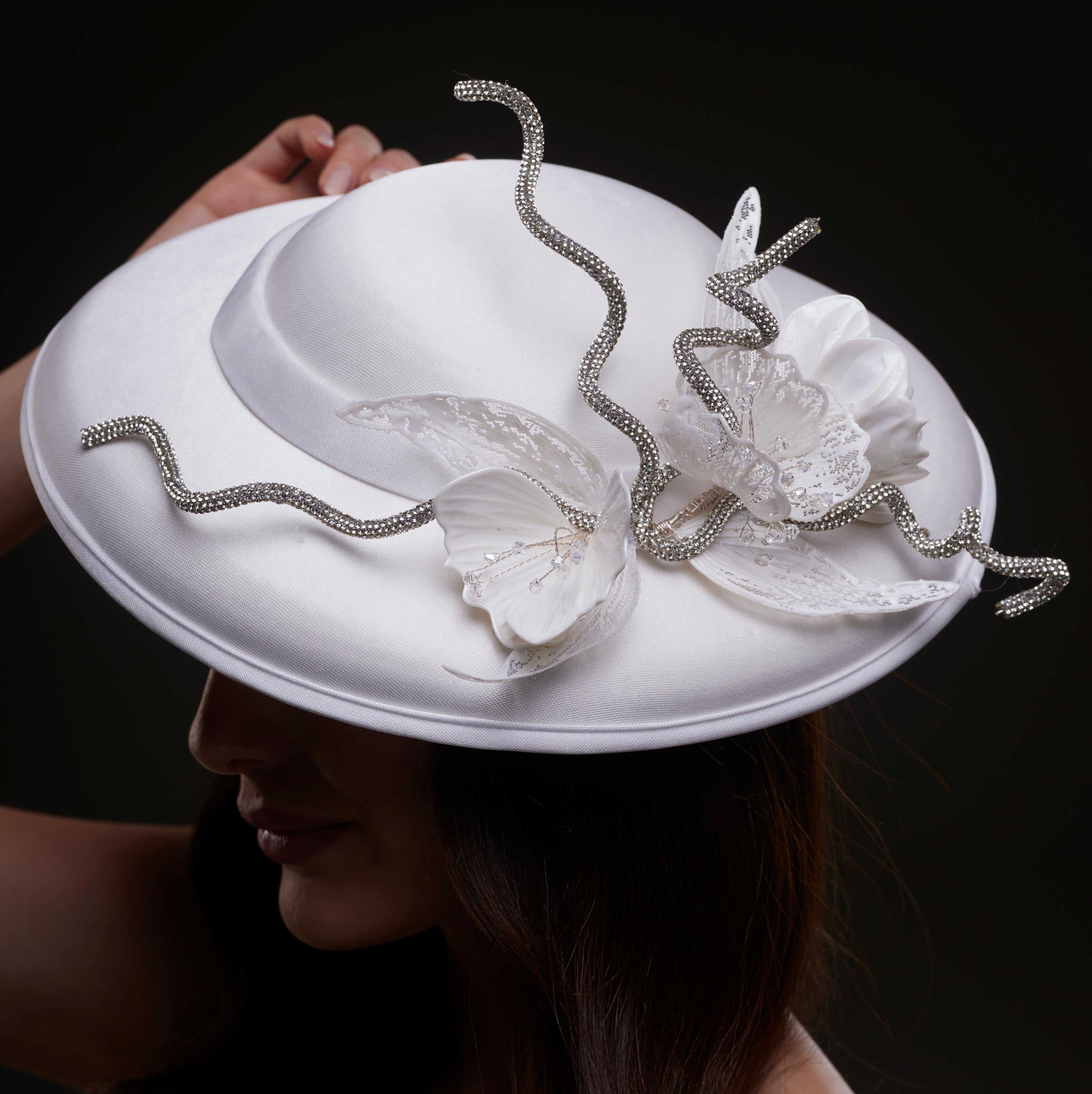 White Satin Hat with Rhinestone Vines and Tropical Flower Appliqués