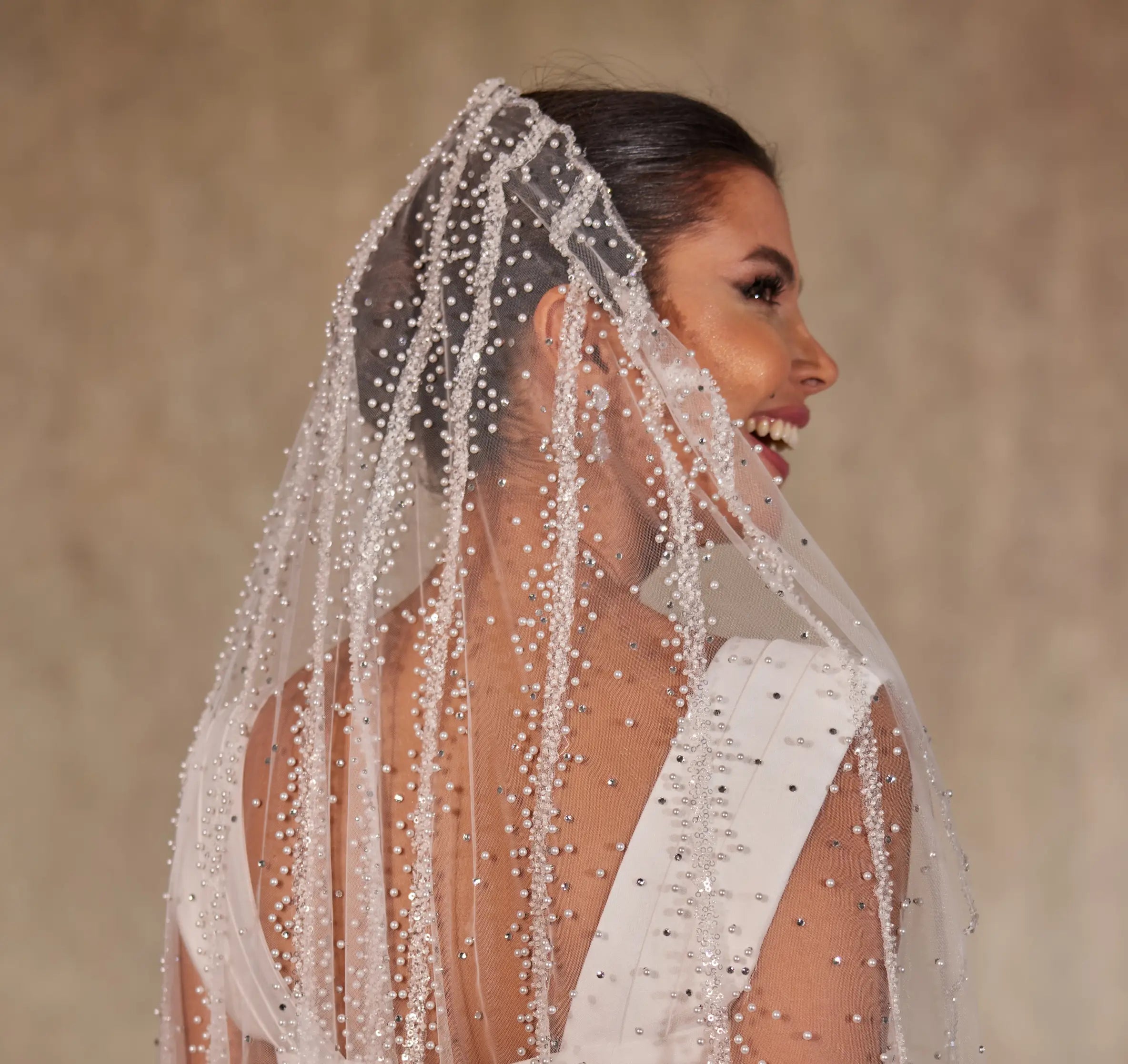 Wedding Veil with Beaded Stripes