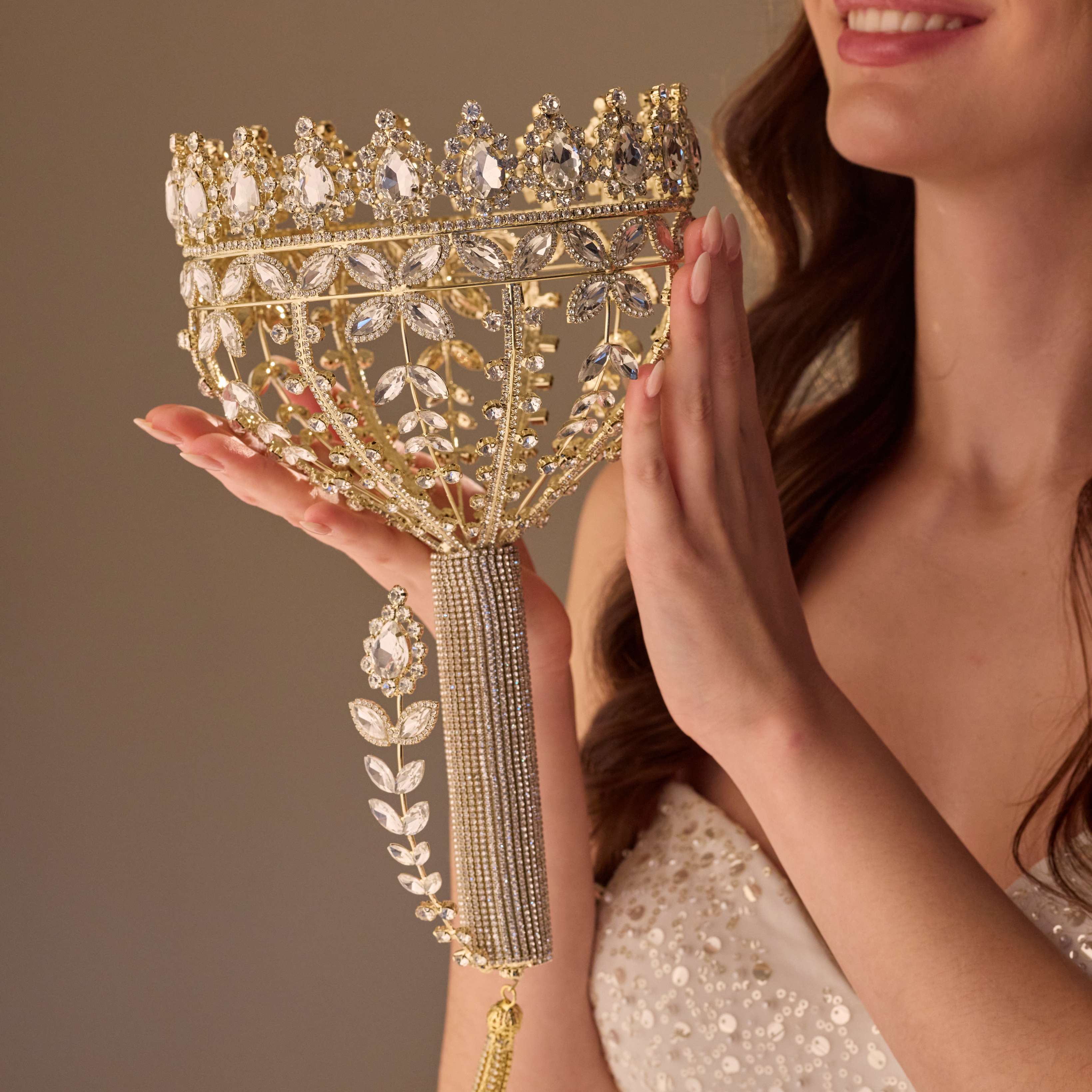 Wedding and  Quinceanera Hand Bouquet, Gold  Luxury Bridal Accessories