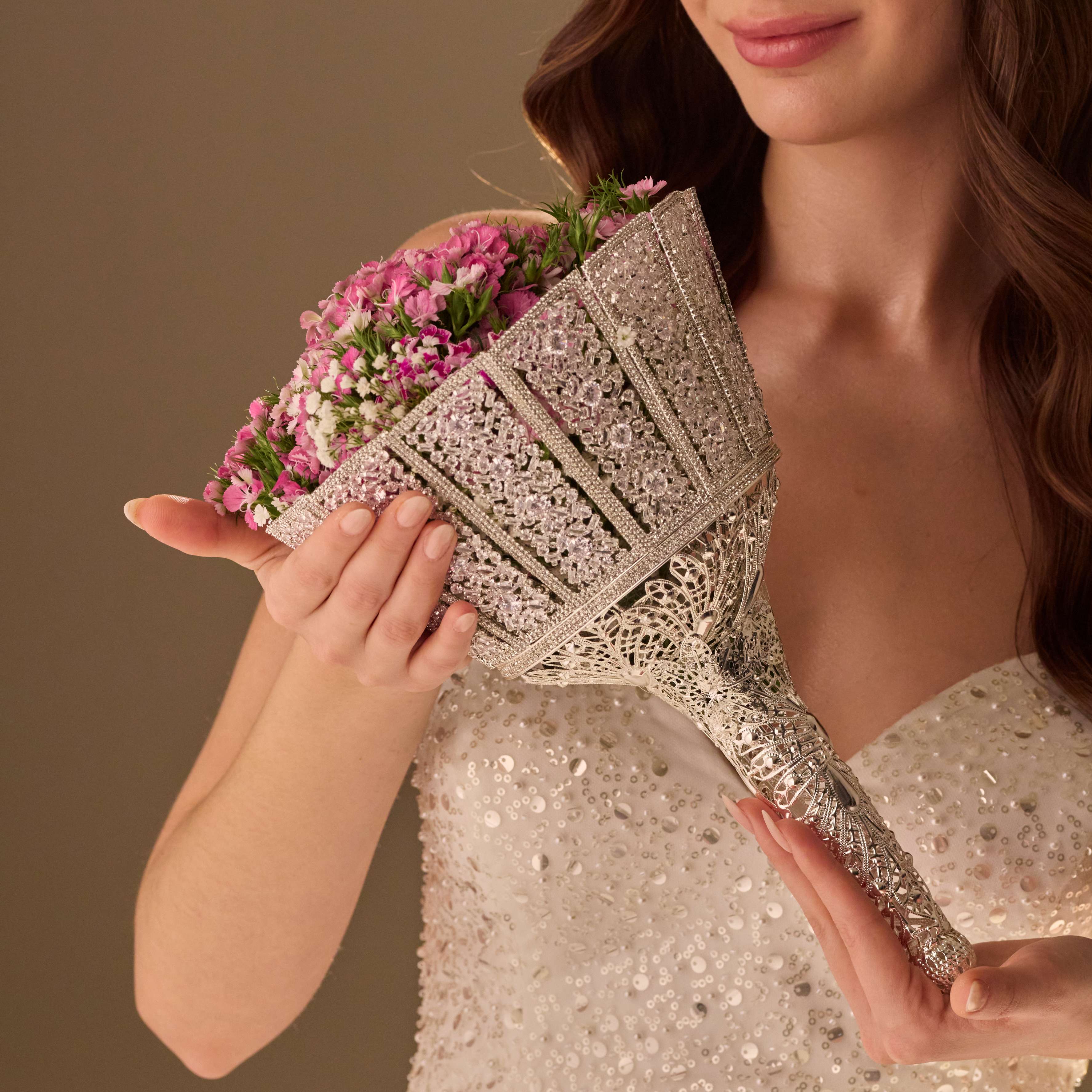 Silver Quinceañera & Wedding Bouquet Holder – Handcrafted with Carved Flowers & Crystal Stones