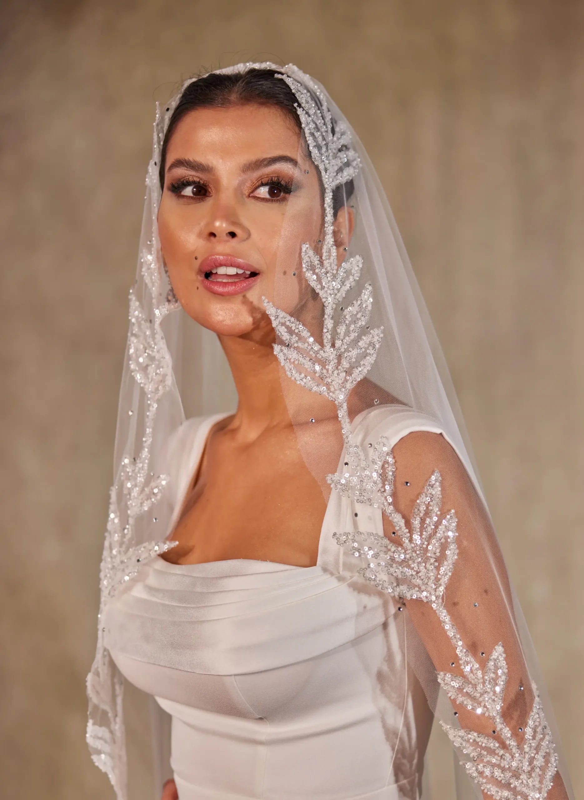 Wedding Veil with Beaded Leaf Design-D215 - Bridal Port