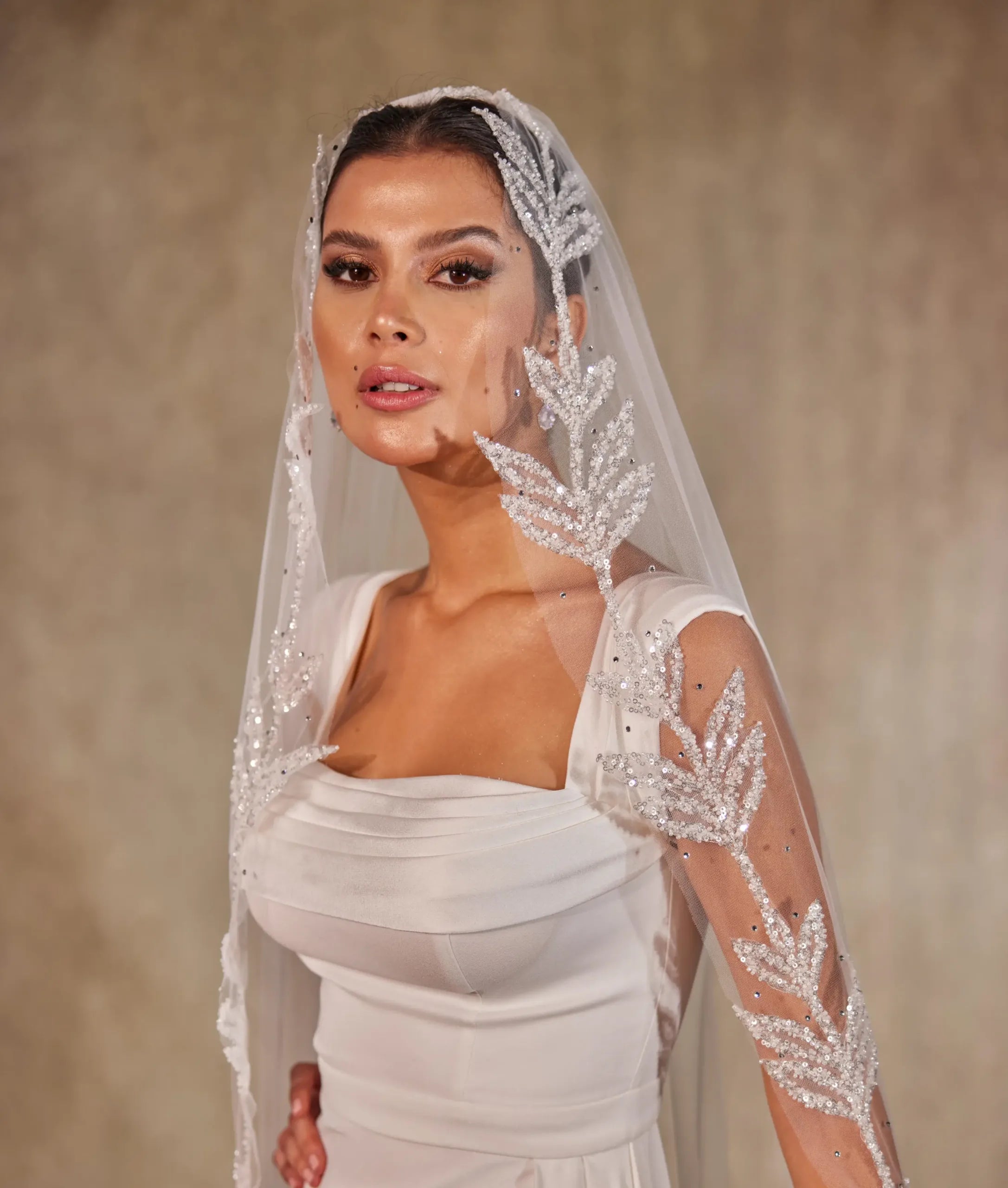 Wedding Veil with Beaded Leaf Design-D215 - Bridal Port