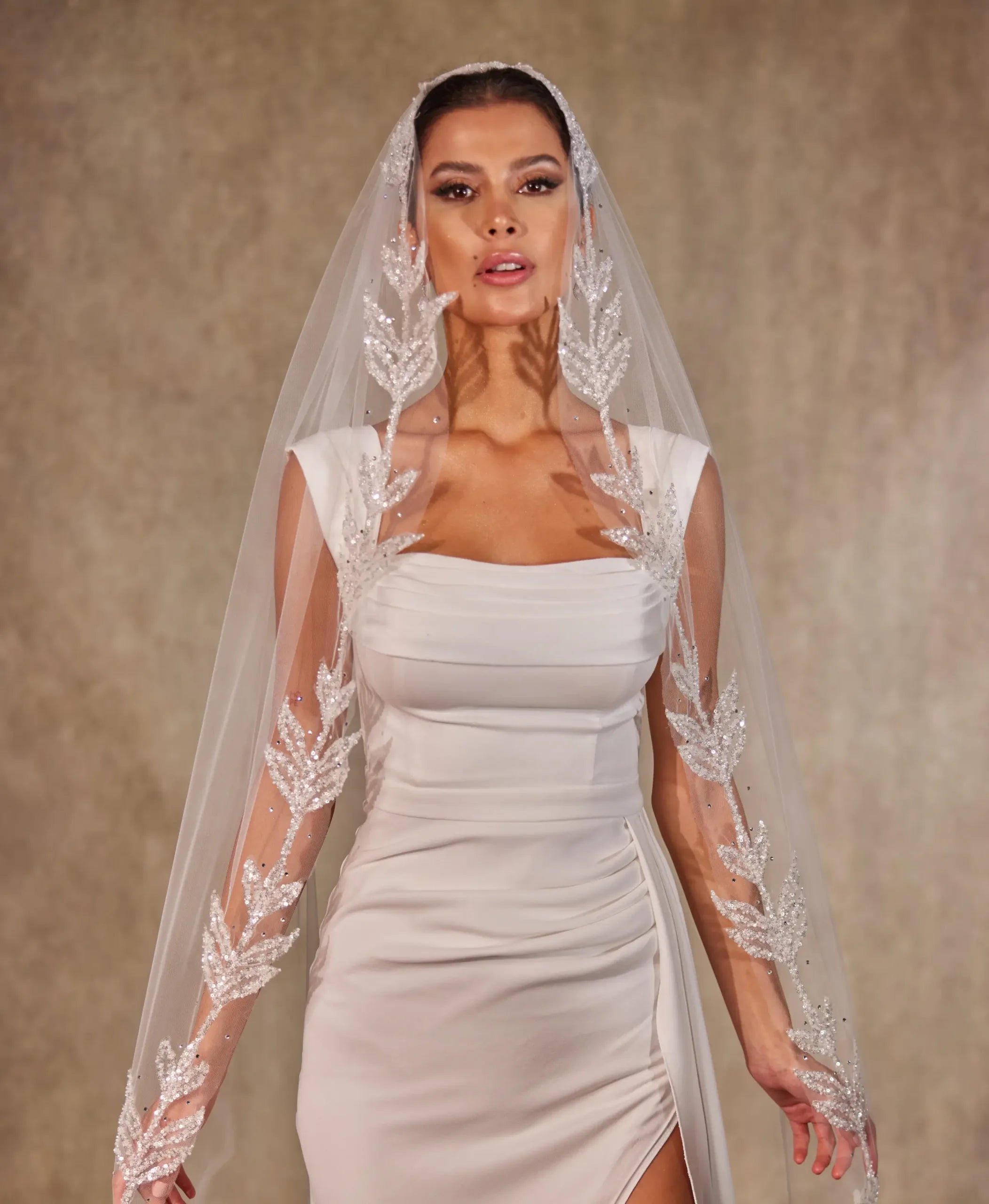 Wedding Veil with Beaded Leaf Design-D215 - Bridal Port