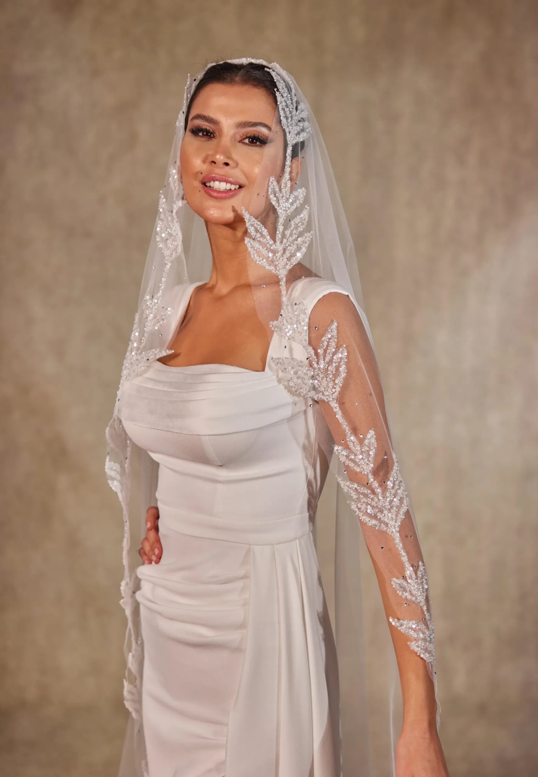 Wedding Veil with Beaded Leaf Design-D215 - Bridal Port