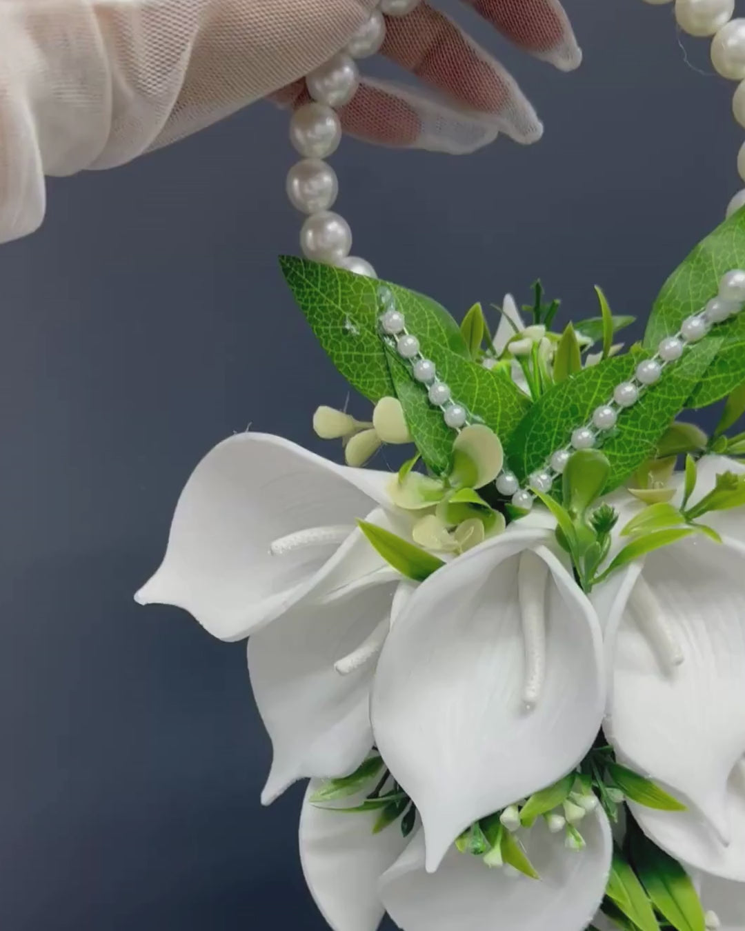 Pearl Bridal Hoop Bouquet, White Calla Lily Wedding Bouquet