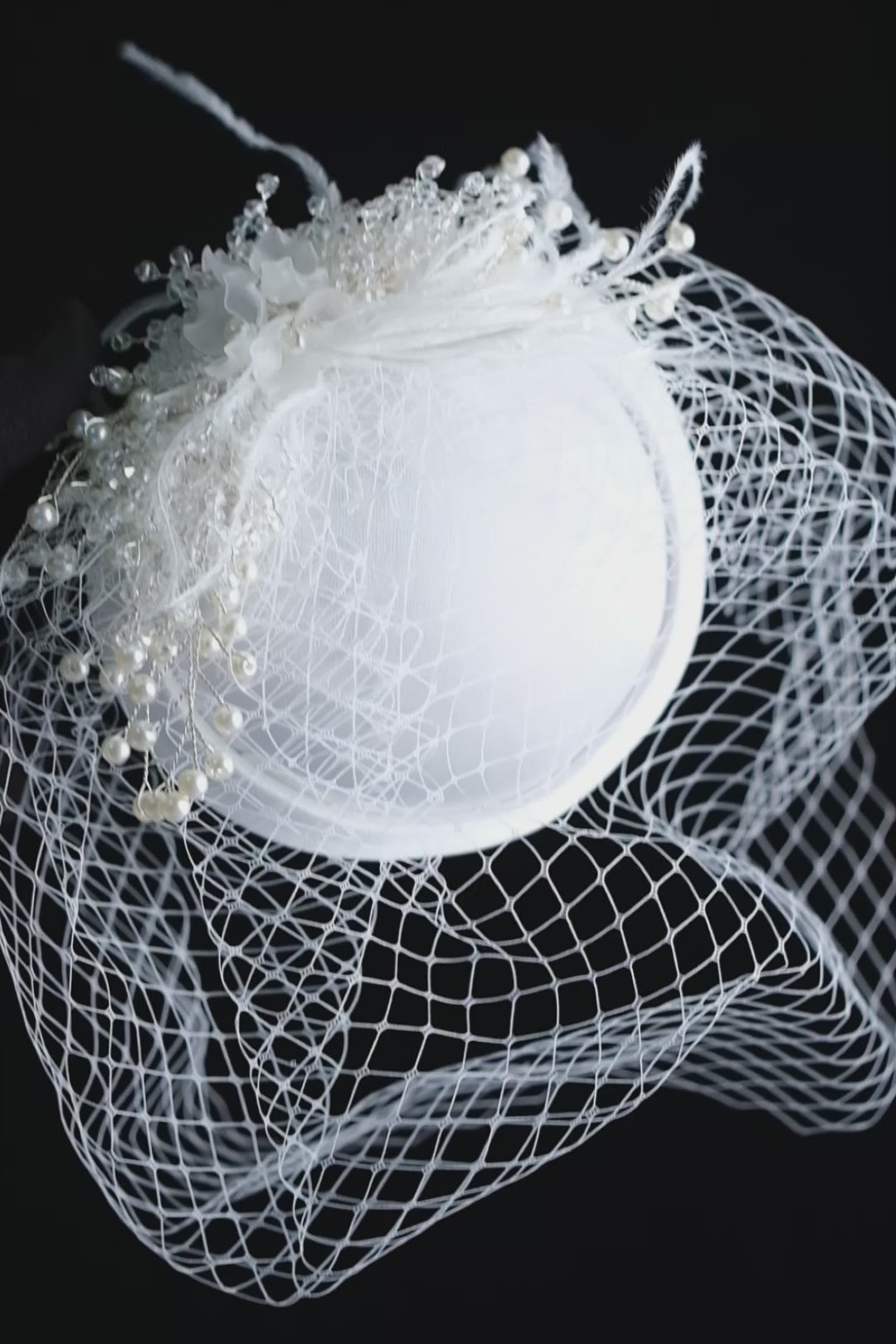 Elegant  Bridal Fascinator with Birdcage Veil, Pearls & Feathers