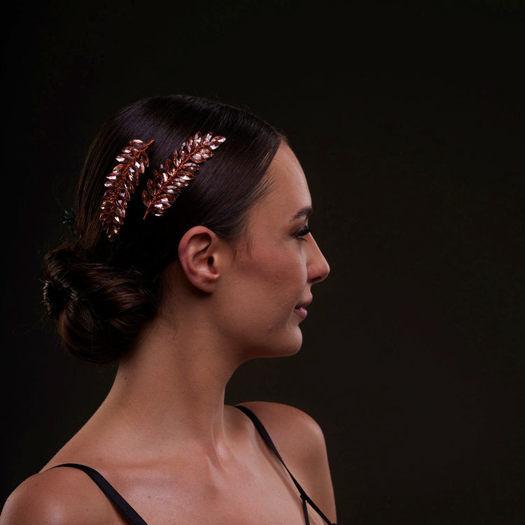 Rose gold crystal leaf bridal hair comb set - elegant wedding accessory for brides and bridesmaids